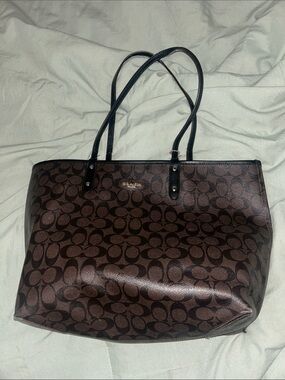 Coach Brown Signature Logo Reversible Tote with Black Handles